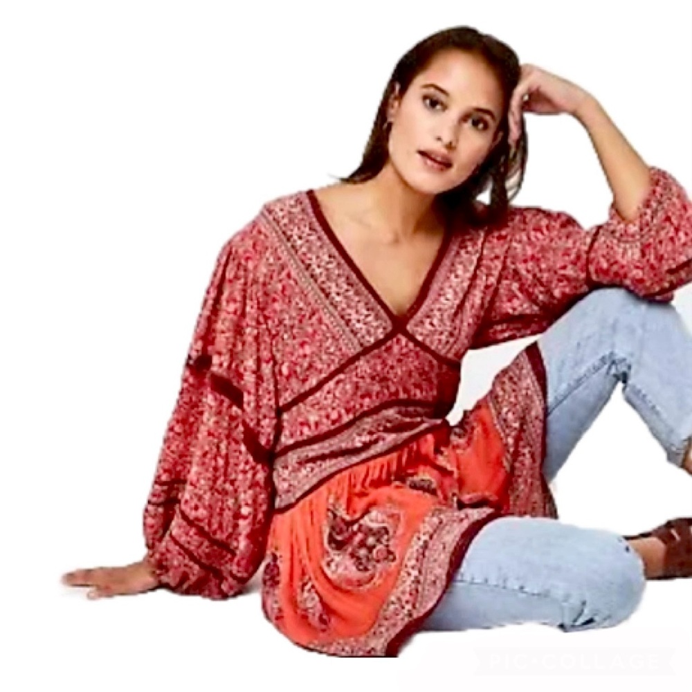 NWT Free People Luna Scarf Print Tunic Dress in Red Combo XS Boho (runs large)